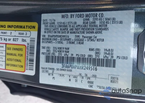 2017 Ford Fusion Sport из США, поврежденный, VIN 3FA6P0VPXHR249516